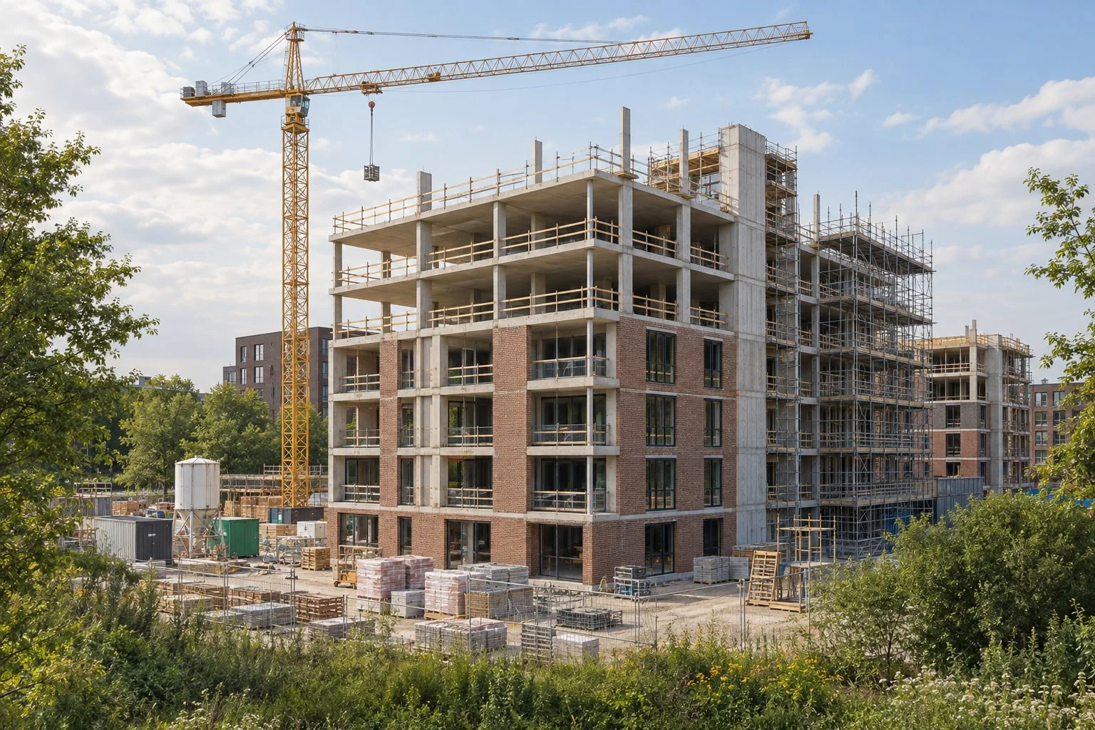 Illustratief beeld: Gebouw in aanbouw met steigers, betonconstructie en torenkraan
