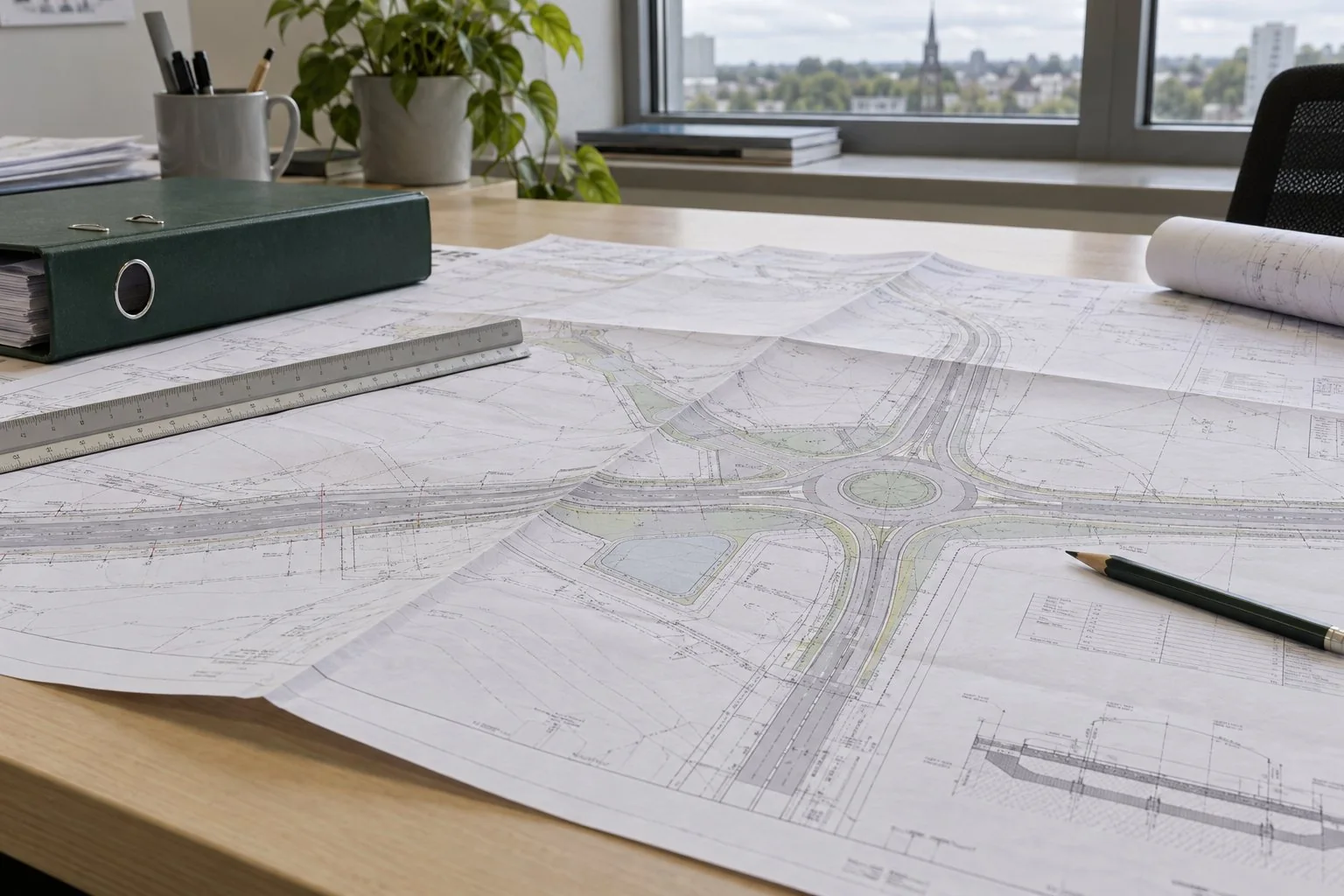 Illustratief beeld van contractdocumenten en technische projectvoorbereiding