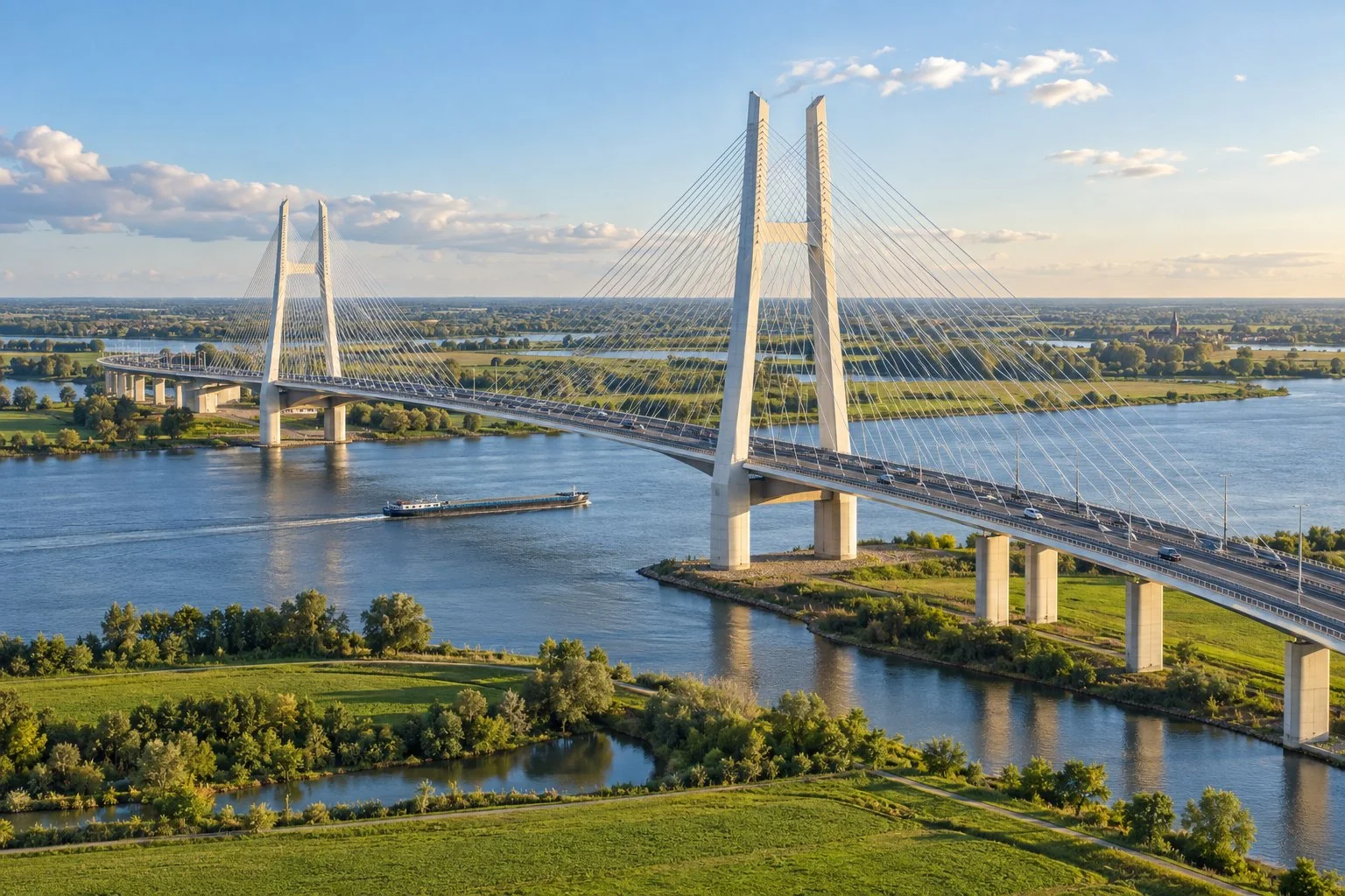 Illustratief beeld van een grote tuibrug over een rivier in helder zonlicht
