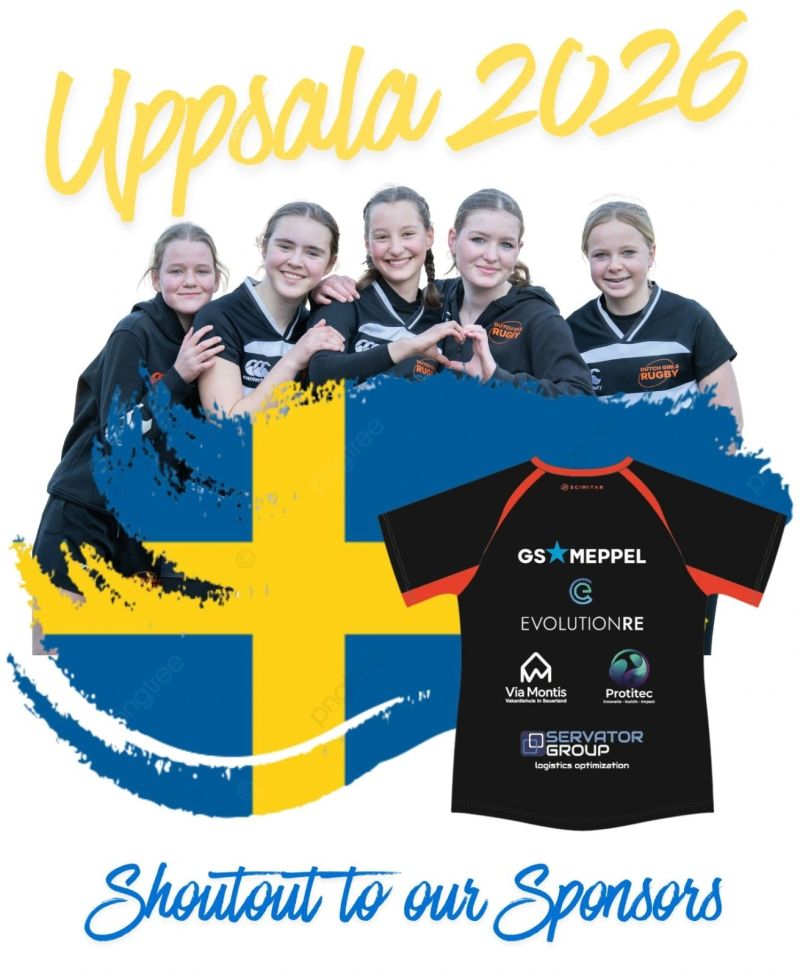 Dutch Girls Rugby in Uppsala 2026: vijf speelsters en het shirt met de logo’s van de sponsors, waaronder Protitec.