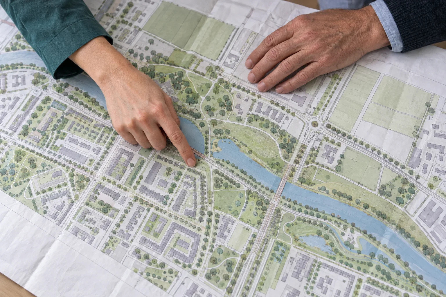 Gegenereerd sfeerbeeld van handen die samen een gebiedskaart met woningen, groen en water bespreken.