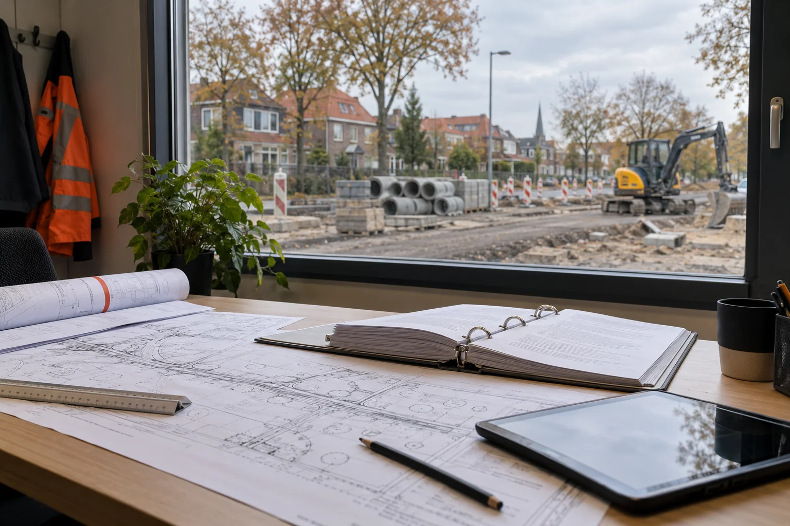 AI-illustratie van bestekstukken en technische tekeningen in een bouwkeet, met riool- en wegwerkzaamheden buiten.